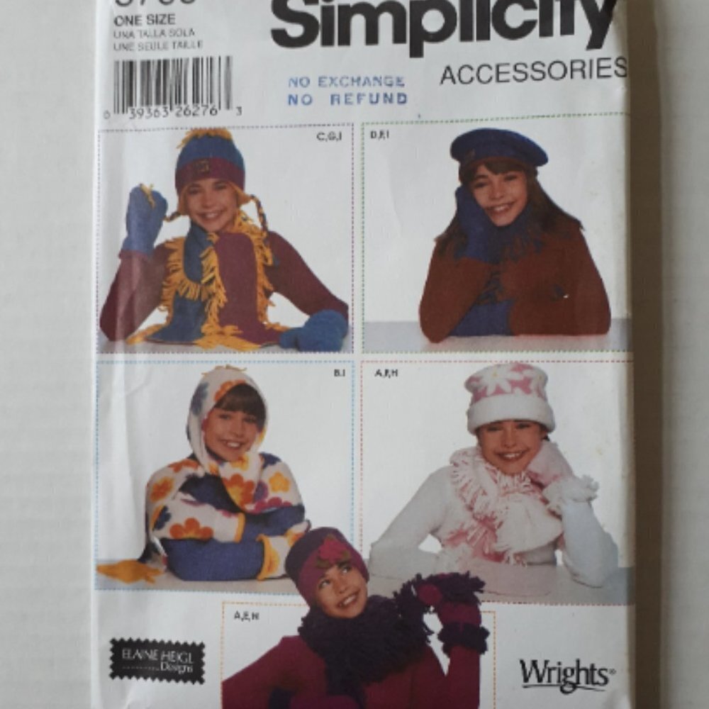 Simplicity sewing pattern winter hats scarves mitts uncut Elaine Heigl vintage